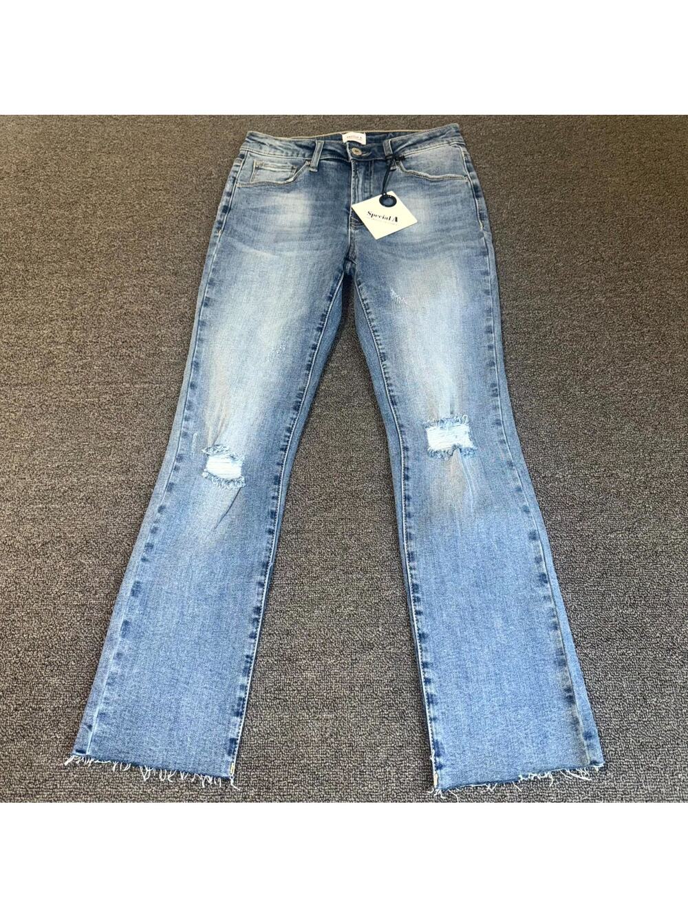NWT Special A Jeans Junior's 5 Blue Denim Medium Wash Stretch Distressed Raw Hem